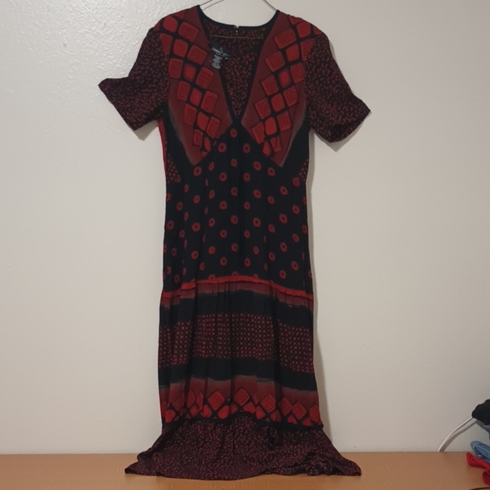Carole Little Red and Black Sheath Midi Dress with Flutter Sleeves Size 14